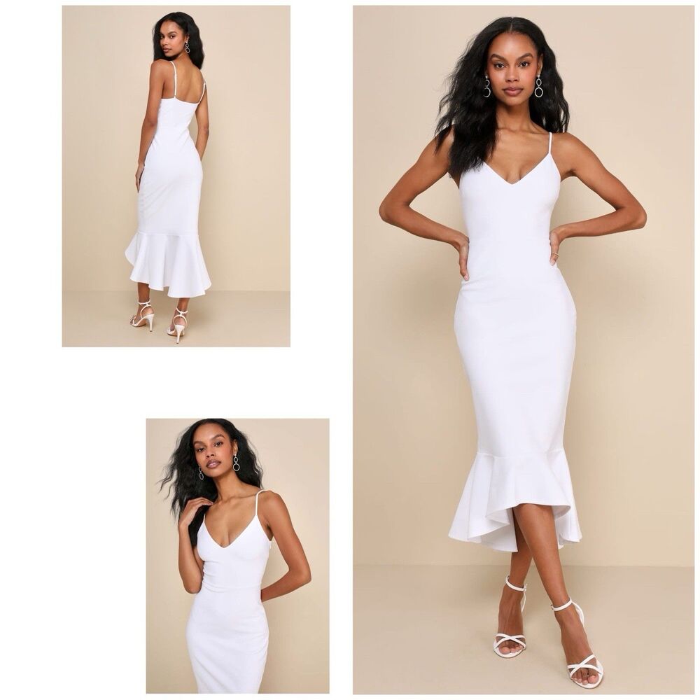 Lulu's White V-Neck Spaghetti Strap Midi Dress with Ruffle Hem